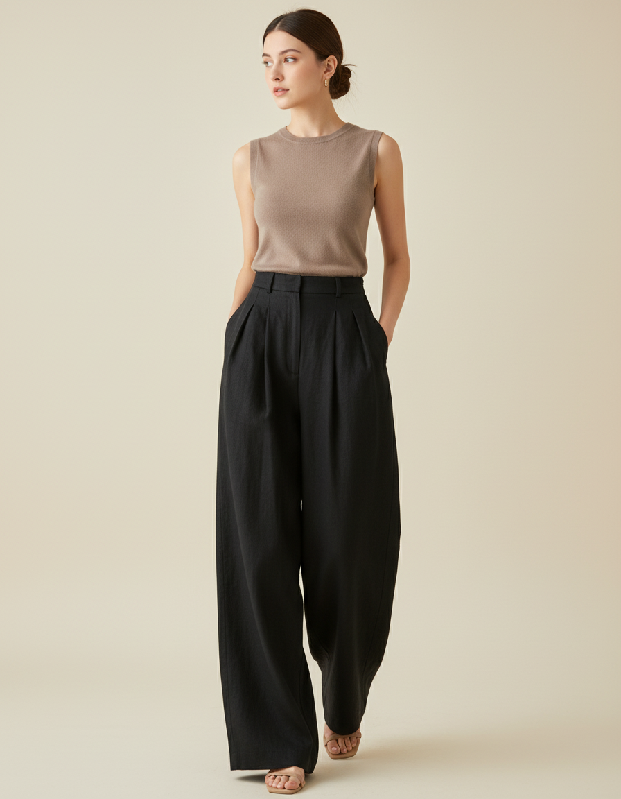 Pantalon Baggy Noir Ample Plissé Décontracté Élégant - Lin