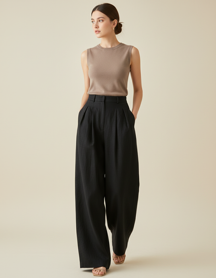 Pantalon Baggy Noir Ample Plissé Décontracté Élégant - Lin