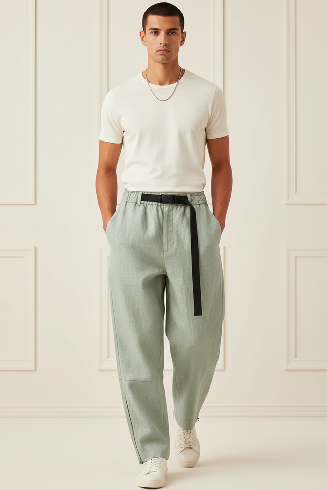 Pantalon Baggy Vert Menthe Ample Décontracté Homme - Lin