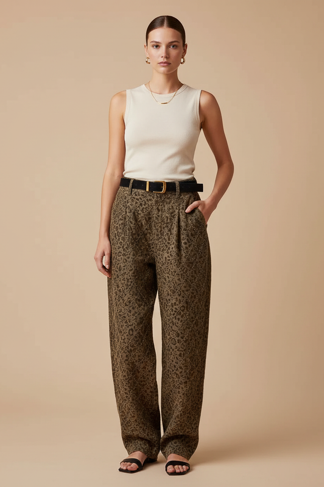 Pantalon Baggy Léopard Kaki Ample Décontracté Femme - Viscose
