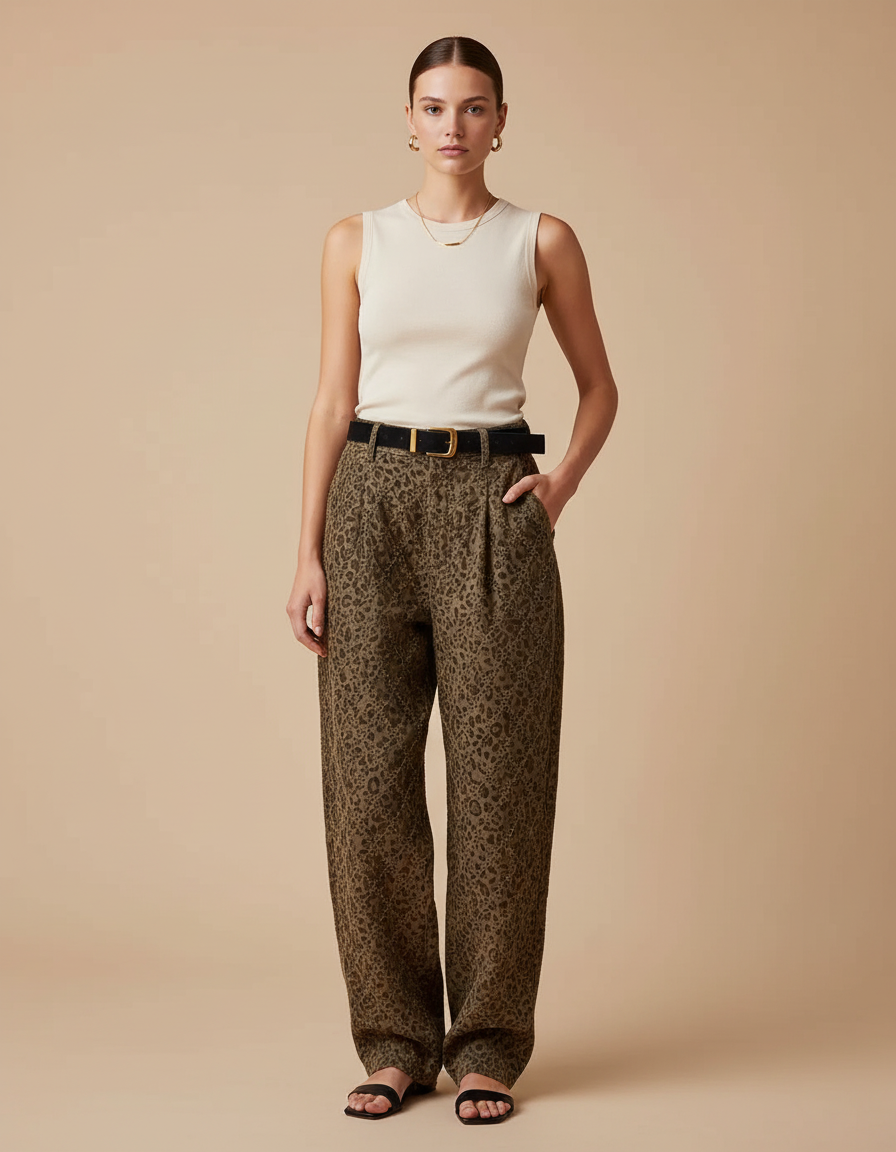 Pantalon Baggy Léopard Kaki Ample Décontracté Femme - Viscose