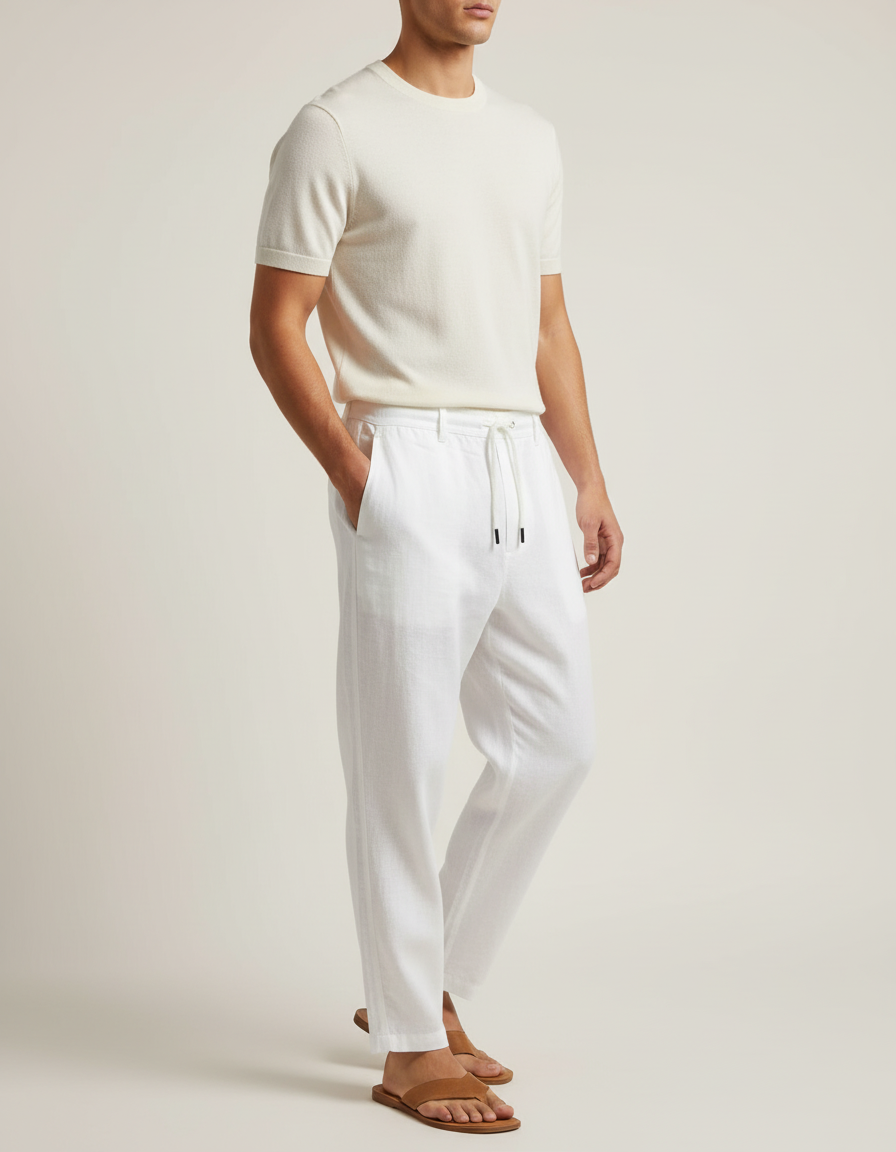 Pantalon Baggy Blanc Lin Ample Cordon Confortable