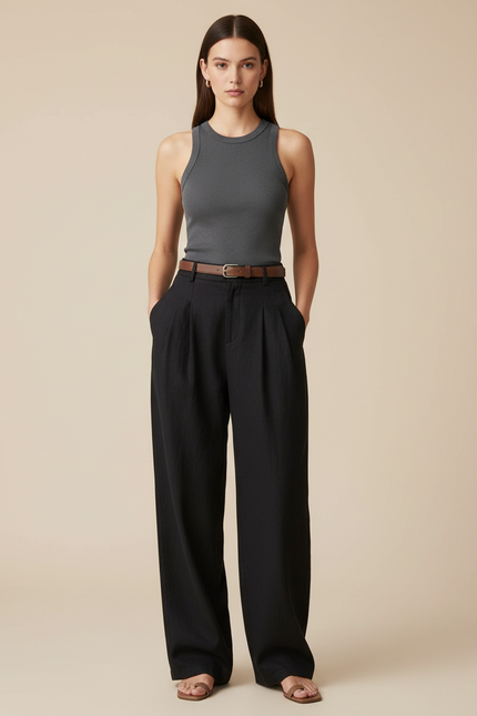 Pantalon Baggy Noir Ample Fluide Taille Haute - Lin