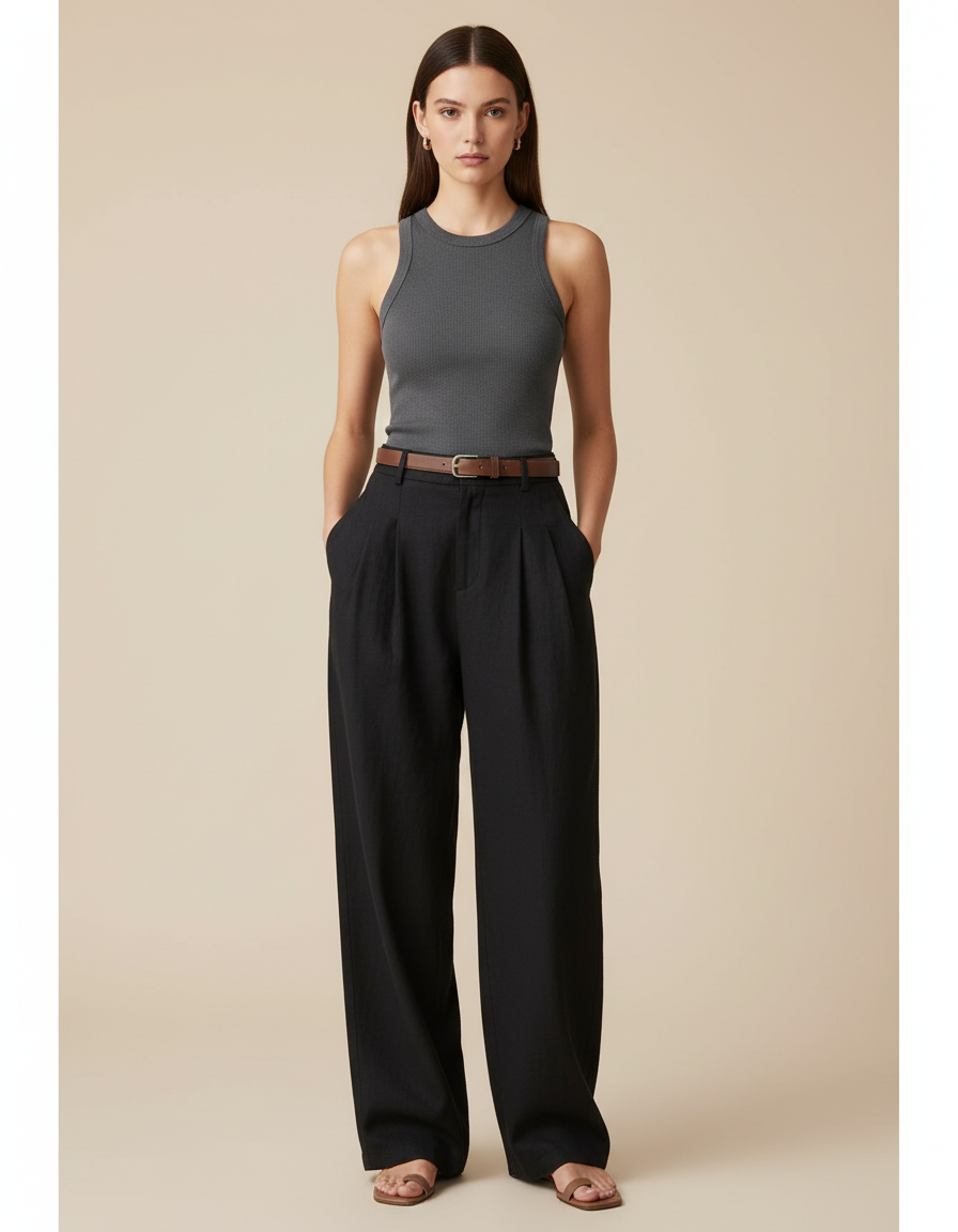 Pantalon Baggy Noir Ample Fluide Taille Haute - Lin