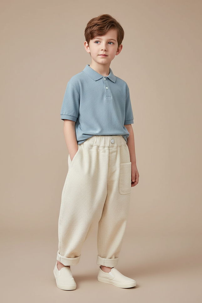 Pantalon Baggy Velours Côtelé Crème Ample Décontracté Enfant - Beige Cordé
