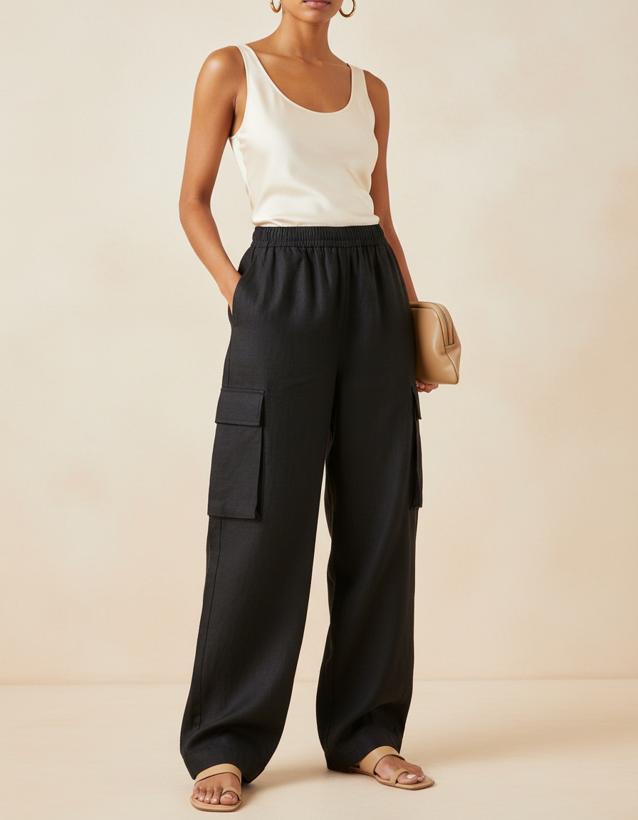 Pantalon Baggy Noir Lin Fluide Cargo Femme