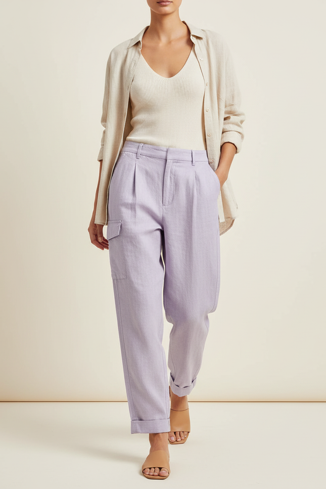 Pantalon Baggy Lavande Lin Ample Plissé Femme - Violet