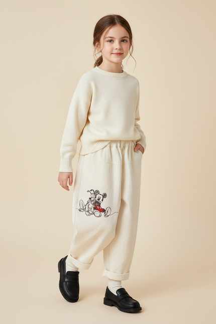 Pantalon Baggy Crème Coton Mickey Décontracté Enfant - Beige