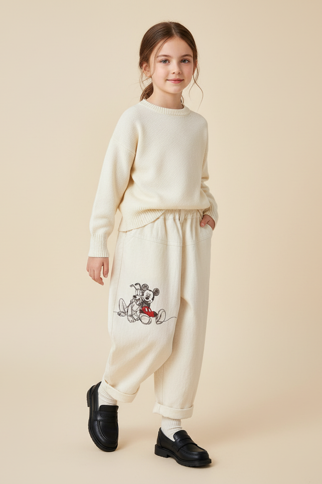 Pantalon Baggy Crème Coton Mickey Décontracté Enfant - Beige