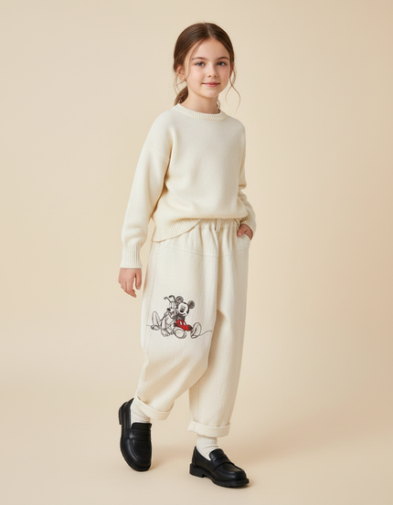 Pantalon Baggy Crème Coton Mickey Décontracté Enfant - Beige