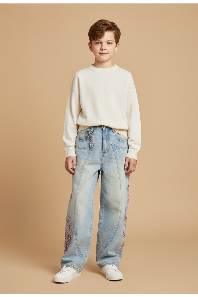 Pantalon Baggy Jean Bleu Brodé Fleurs Ample