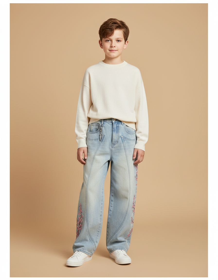 Pantalon Baggy Jean Bleu Brodé Fleurs Ample