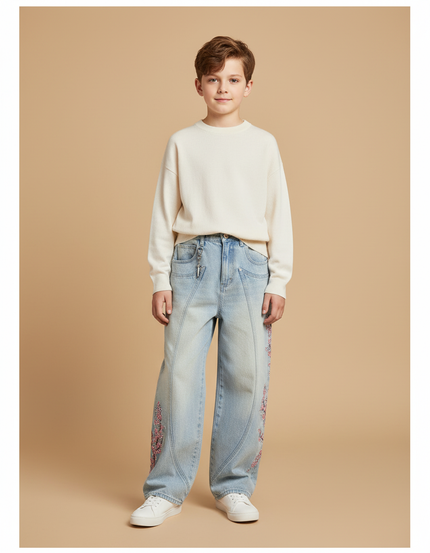 Pantalon Baggy Jean Bleu Brodé Fleurs Ample