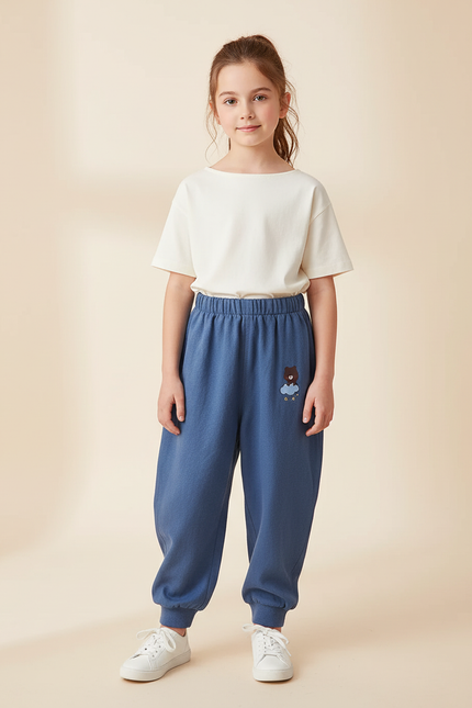 Pantalon Baggy Bleu Coton Ourson Brodé Décontracté Enfant - Molleton