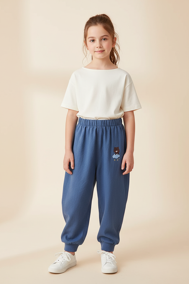 Pantalon Baggy Bleu Coton Ourson Brodé Décontracté Enfant - Molleton