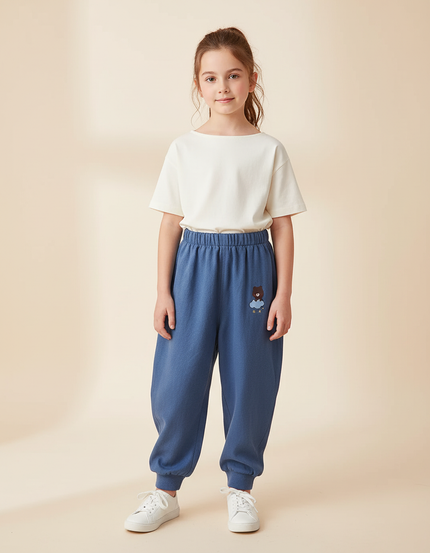 Pantalon Baggy Bleu Coton Ourson Brodé Décontracté Enfant - Molleton