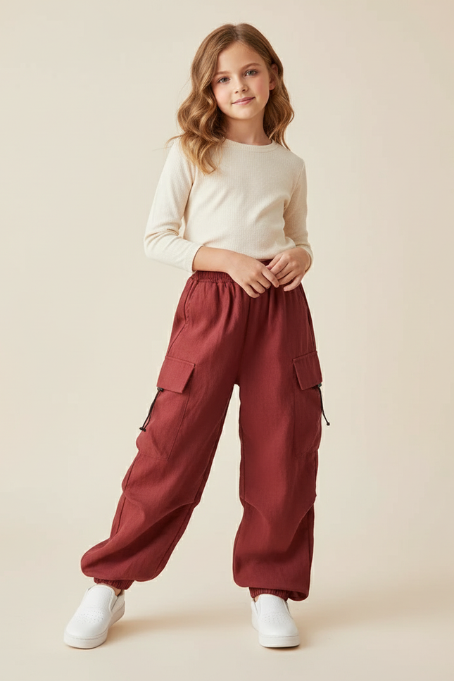 Pantalon Baggy Cargo Rouge Ample Enfant Cordon - Bordeaux Lin