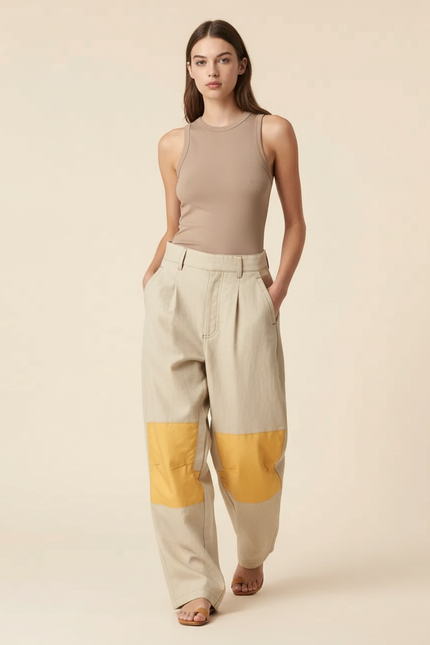 Pantalon Baggy Beige Bicolore Ample Décontracté Femme - Toile