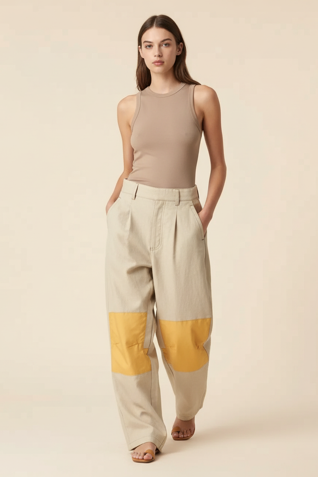 Pantalon Baggy Beige Bicolore Ample Décontracté Femme - Toile