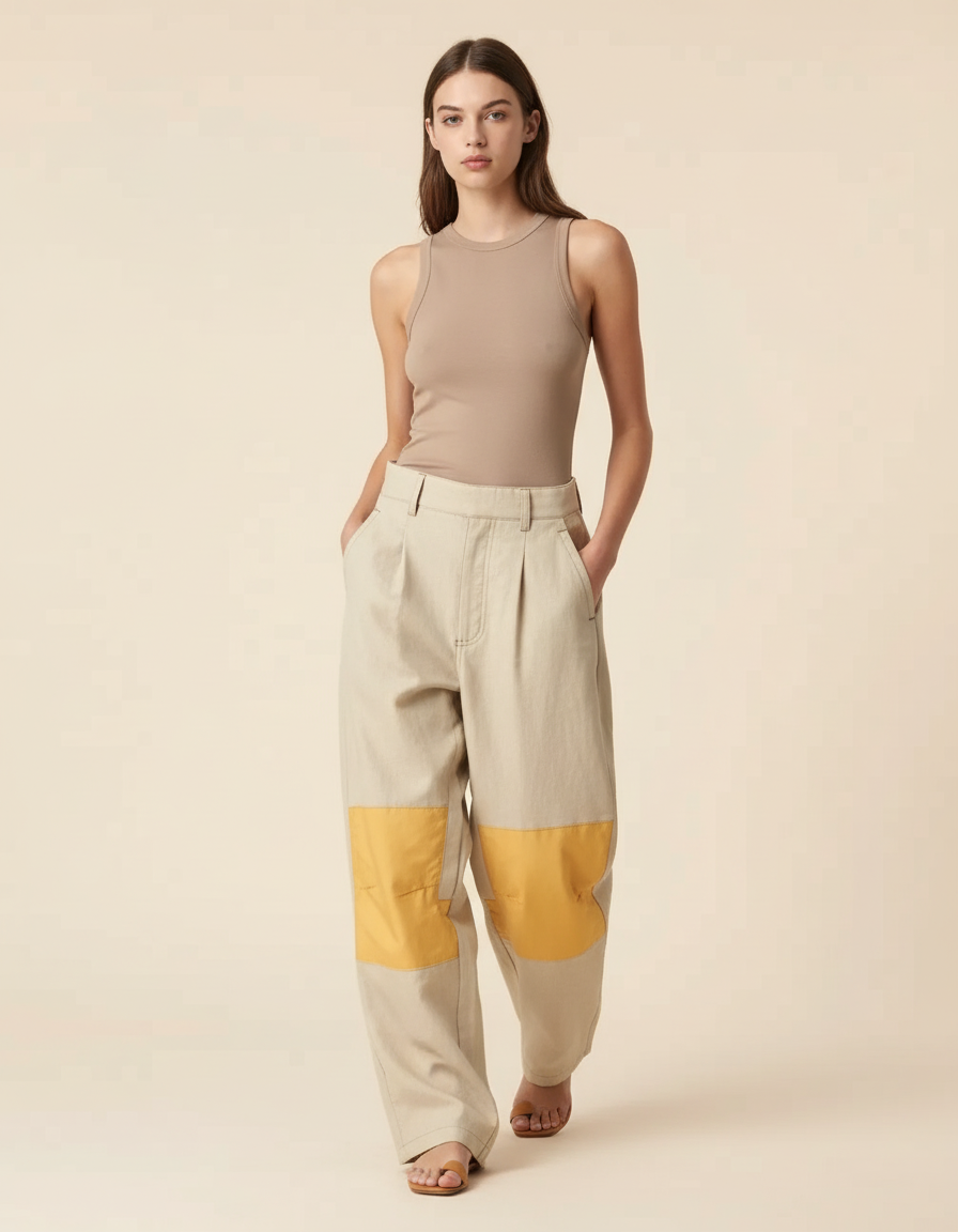 Pantalon Baggy Beige Bicolore Ample Décontracté Femme - Toile