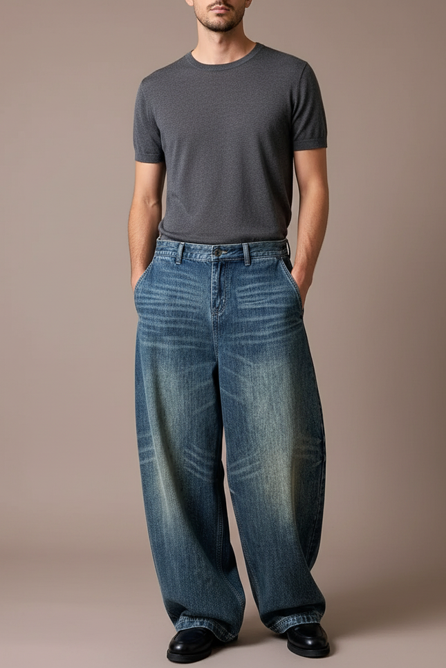 Pantalon Baggy Jean Bleu Délavé Ample Streetwear Homme
