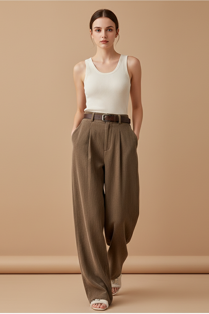 Pantalon Baggy Marron Ample Plissé Ceinturé Décontracté - Tweed