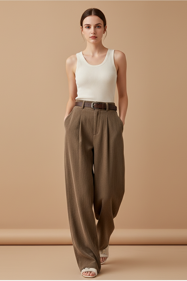 Pantalon Baggy Marron Ample Plissé Ceinturé Décontracté - Tweed
