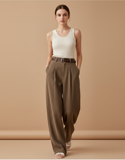 Pantalon Baggy Marron Ample Plissé Ceinturé Décontracté - Tweed
