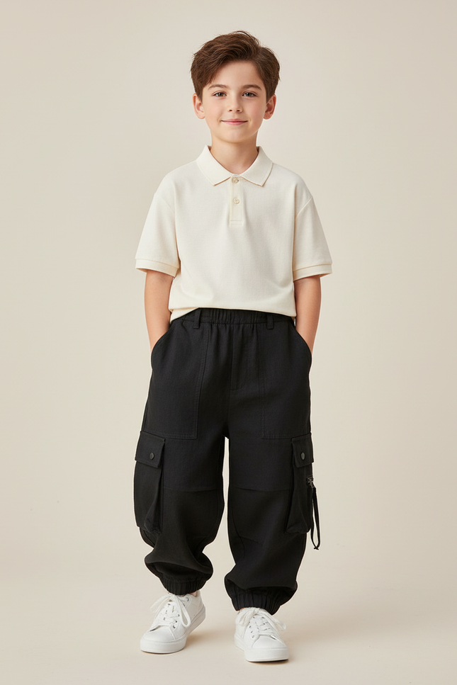Pantalon Baggy Noir Ample Cargo Enfant Décontracté - Toile