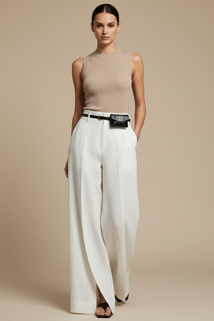 Pantalon Baggy Blanc Fluide Taille Haute Femme - Lin