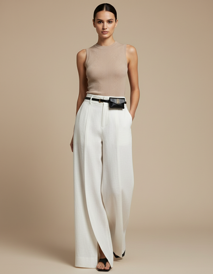 Pantalon Baggy Blanc Fluide Taille Haute Femme - Lin
