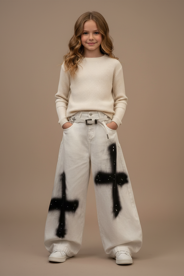 Pantalon Baggy Blanc Jean Croix Gothique Ample Enfant