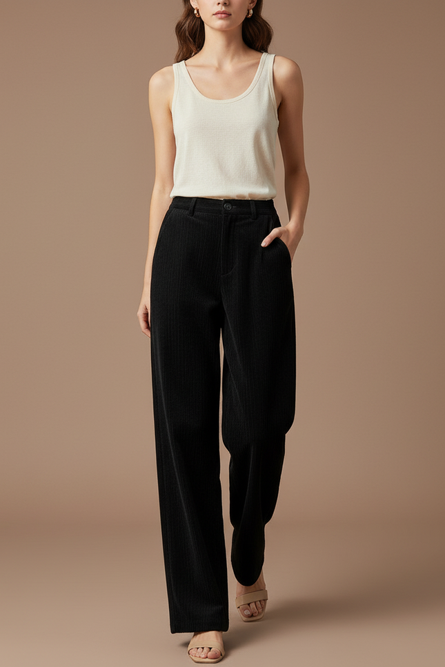 Pantalon Baggy Noir Côtelé Ample Décontracté Fluide - Cordé