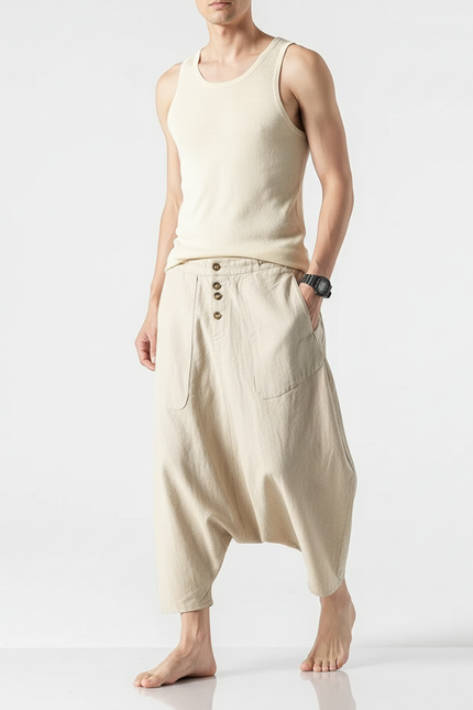 Pantalon Baggy Beige Lin Ample Décontracté Boutons
