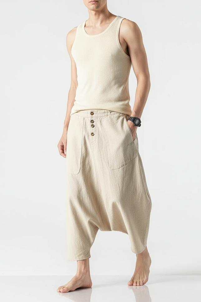 Pantalon Baggy Beige Lin Ample Décontracté Boutons