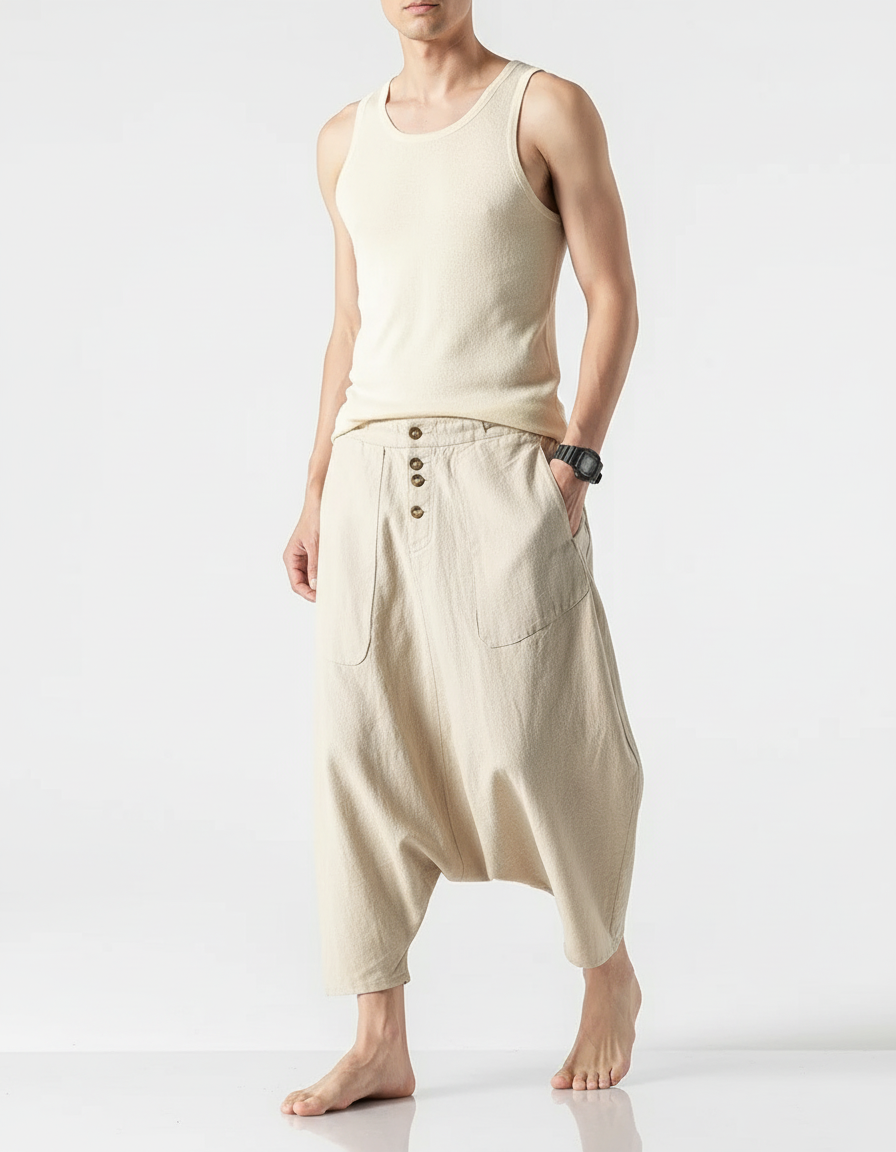 Pantalon Baggy Beige Lin Ample Décontracté Boutons