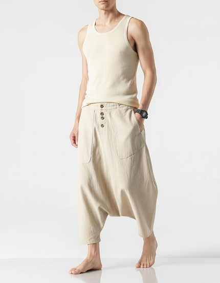 Pantalon Baggy Beige Lin Ample Décontracté Boutons