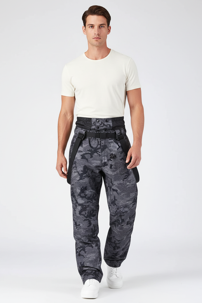 Pantalon Baggy Camouflage Gris Bretelles Ski Imperméable Homme - Polyester