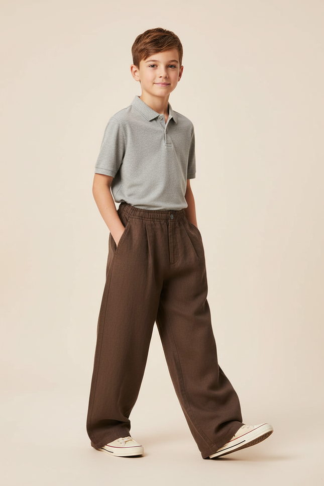 Pantalon Baggy Marron Ample Fluide Enfant Décontracté - Lin