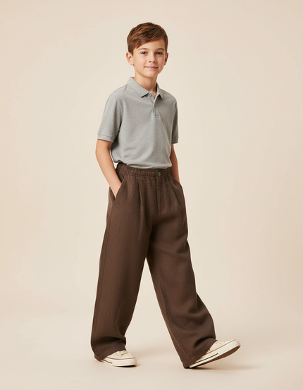 Pantalon Baggy Marron Ample Fluide Enfant Décontracté - Lin