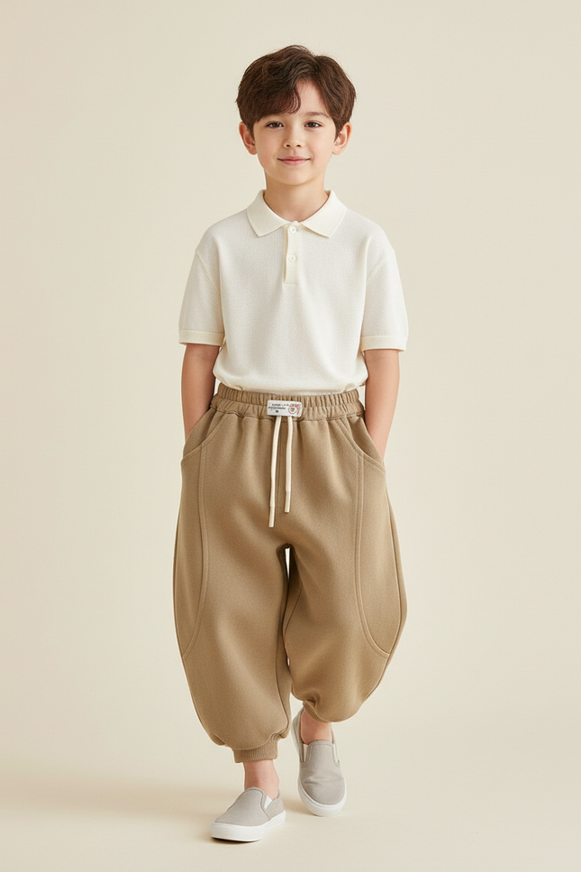 Pantalon Baggy Beige Ample Molletonné Décontracté Garçon