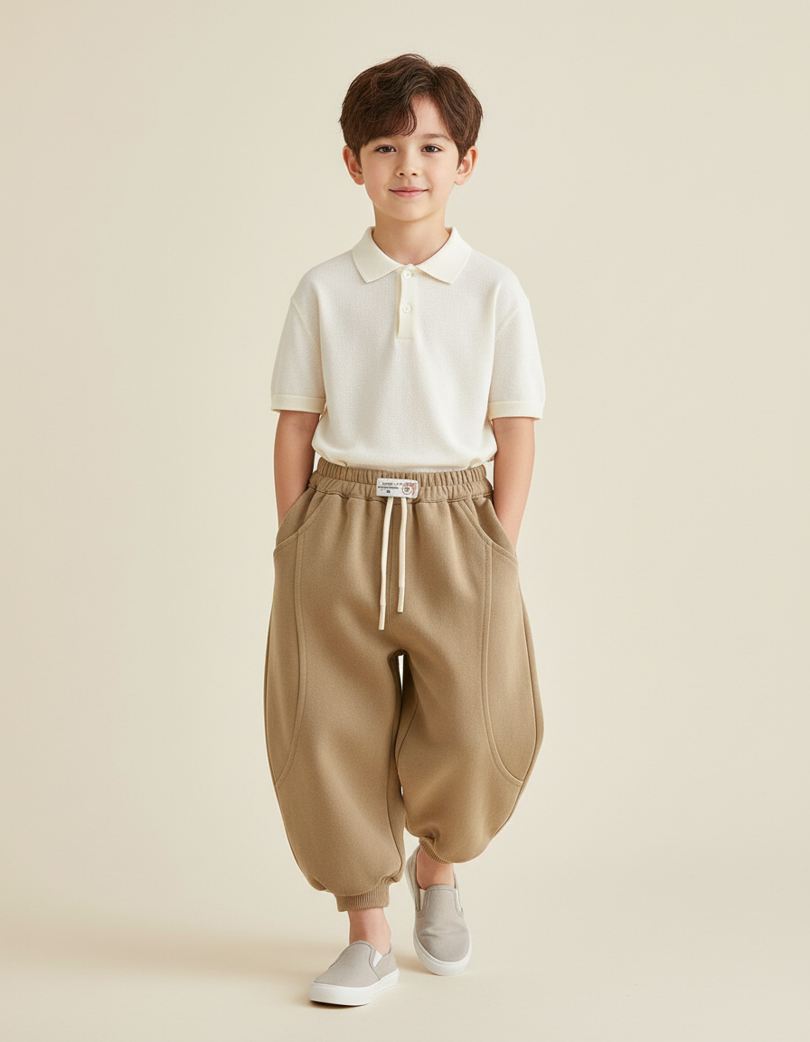 Pantalon Baggy Beige Ample Molletonné Décontracté Garçon