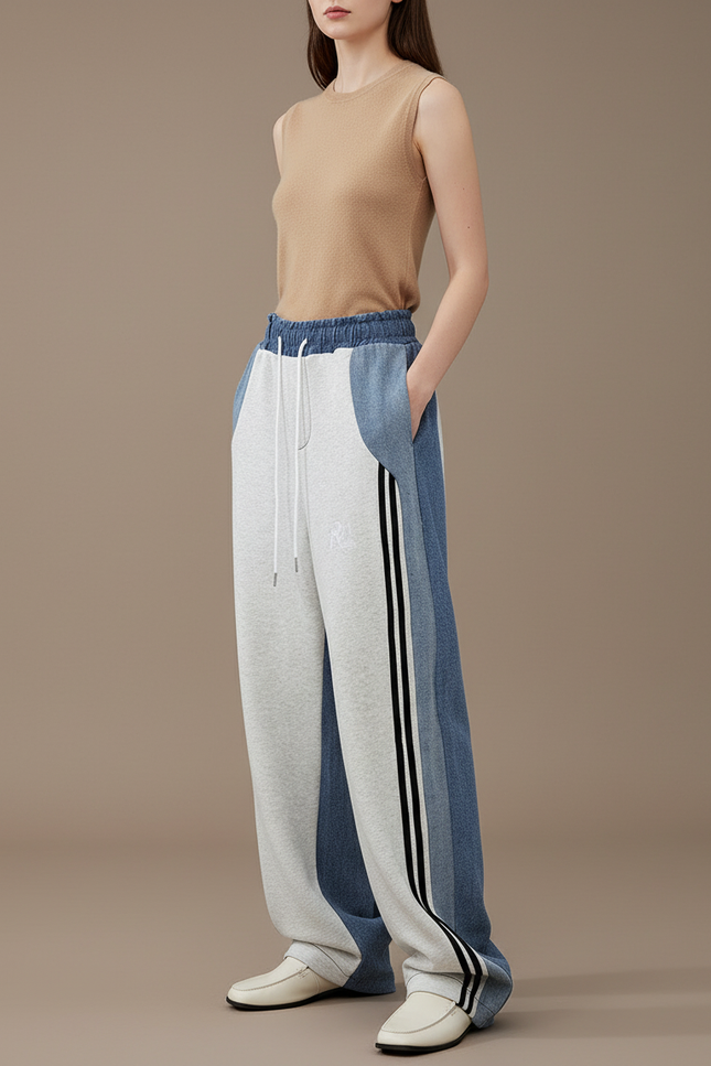 Pantalon Baggy Gris Denim Rayures Sport Patchwork Femme - Multicolore Molleton