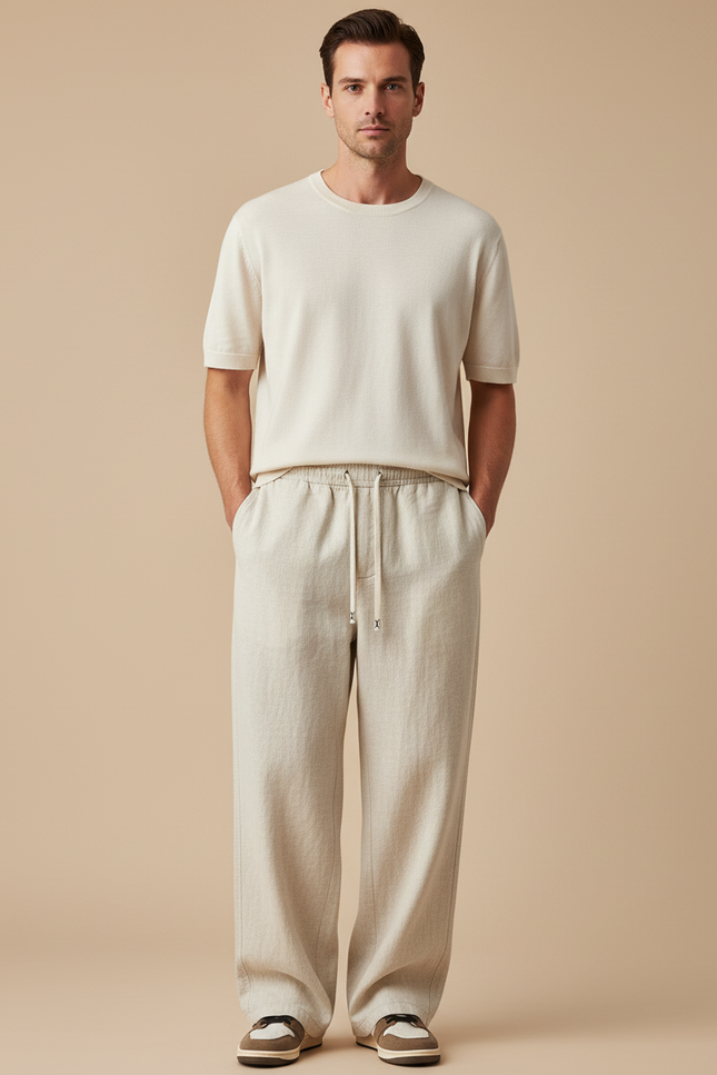 Pantalon Baggy Lin Beige Ample Décontracté Homme