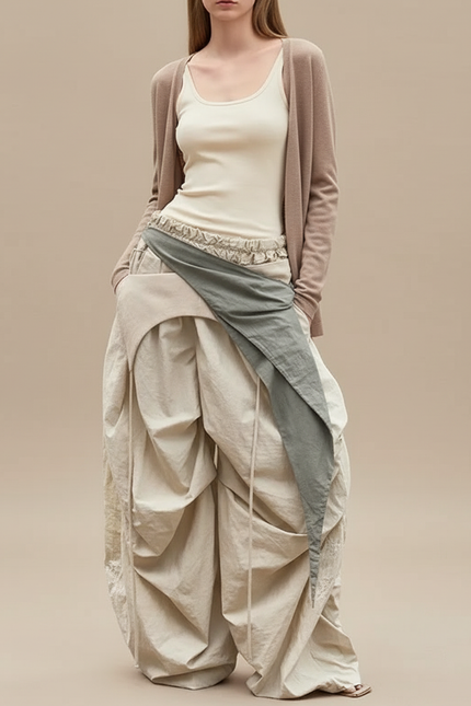 Pantalon Baggy Beige Ample Plissé Décontracté Coton