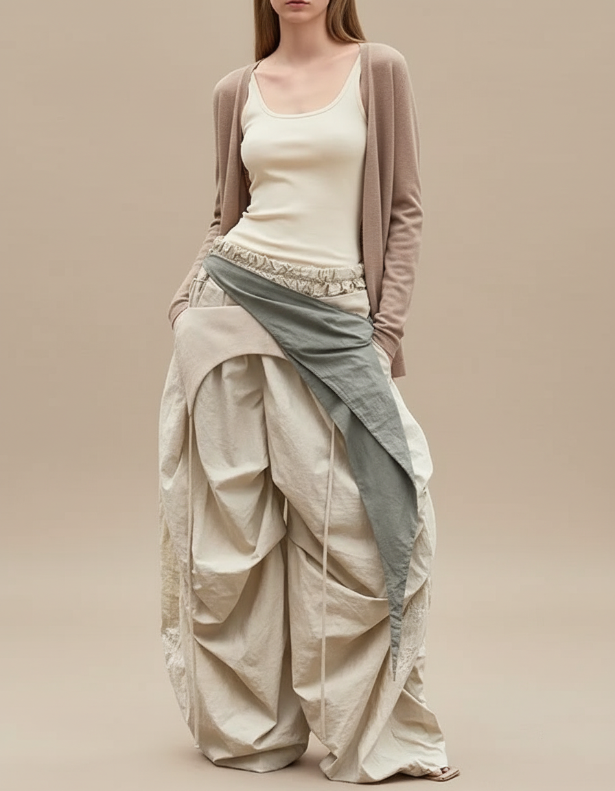 Pantalon Baggy Beige Ample Plissé Décontracté Coton