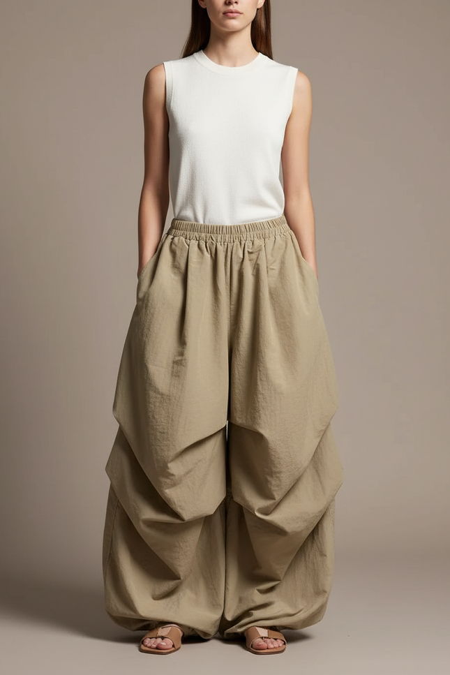 Pantalon Baggy Kaki Fluide Ample Plissé Décontracté - Polyester