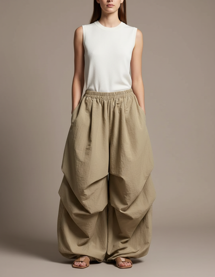 Pantalon Baggy Kaki Fluide Ample Plissé Décontracté - Polyester