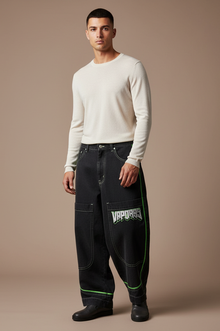 Pantalon Baggy Noir Ample Brodé Néon Streetwear Homme - Jean