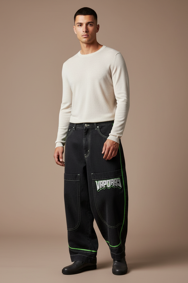 Pantalon Baggy Noir Ample Brodé Néon Streetwear Homme - Jean